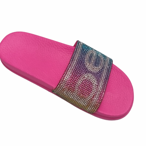 Bebe Girls Slip-On Sandals with Rhinestone Logo Strap Pink 2/3 - Picture 5 of 5